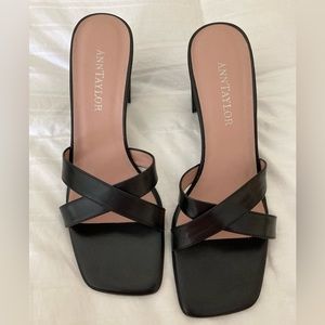 New in box, never worn Ann Taylor black leather block heel sandals, size 8.5.